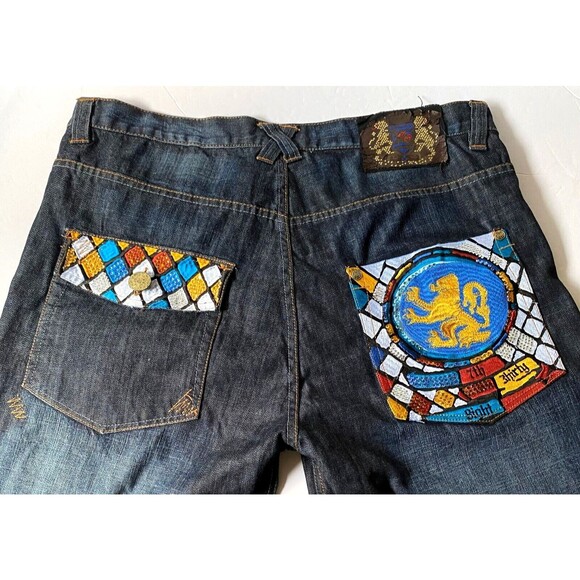 7th 38 Jean Shorts Mens Size 40 Blue Medium Wash Embroidered Gems Flaws Read - Picture 2 of 16